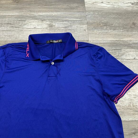 Ralph Lauren RLX Blue Pink Mens M Short Sleeve Performance Golfer Polo Shirt EUC - Picture 1 of 8